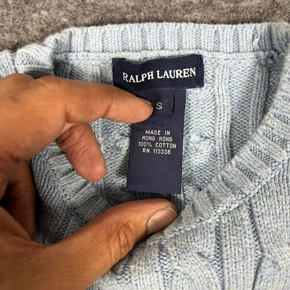 Vintage Ralph Lauren Cable Knit Sweater Kids Small Light Blue Preppy Academia